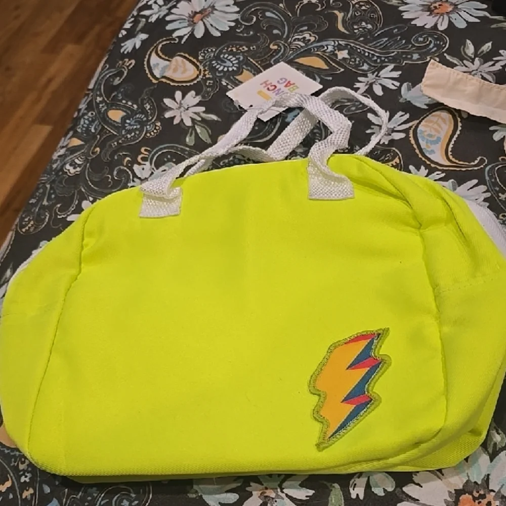 ❤️10/$20 New Neon Yellow Tote Bag with Lightning Bolt Patch Kids Lunch Bag